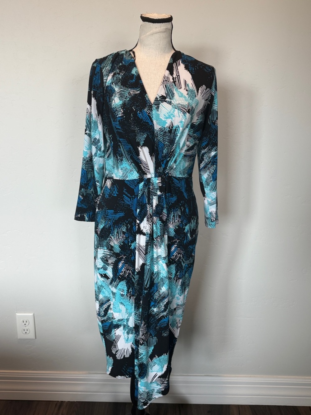 Michael Kors Small Wrap Dress Blue Black Floral Midi 3/4 Sleeve